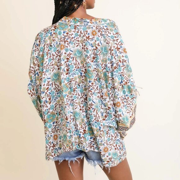 Floral Front Tie Kimono Wrap Lightweight Boho Layer One Size Multicolor Flowers - Picture 3 of 4